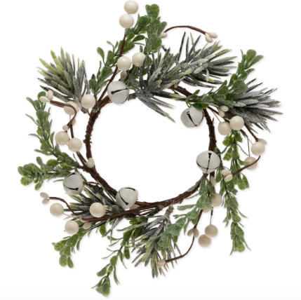 Snowy Pine Candle Ring w/Silver Bells & Berries