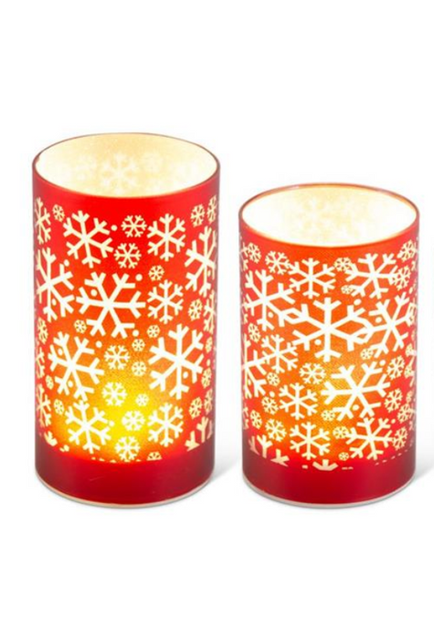 Matte Red LED Glass Candles w/Snowflake - 2 OPTIONS
