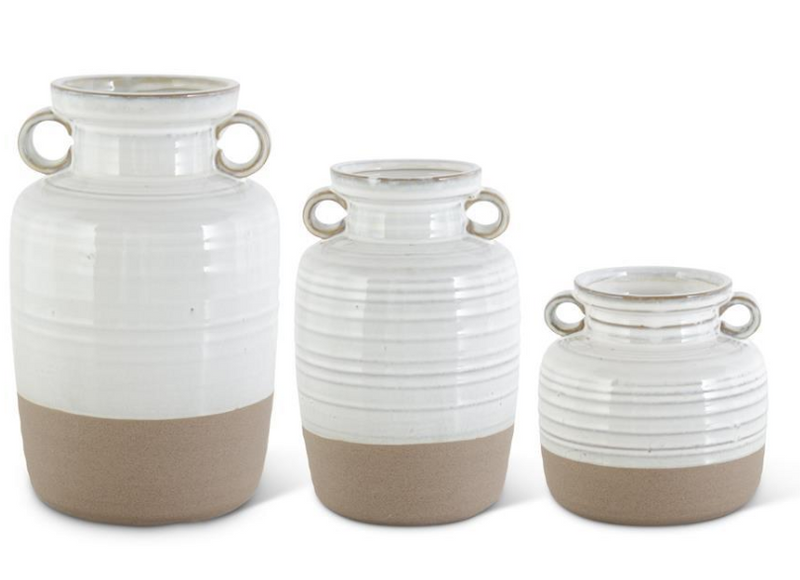 WHITE CERAMIC DOUBLE HANDLED POTS W/UNGLAZED BOTTOMS - 3 Sizes