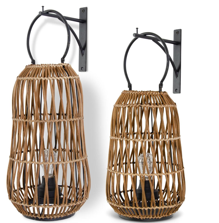 Rattan Hanging Led Lanterns W/Black Metal Brackets - Set of 2
