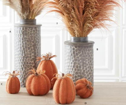ORANGE KNIT PUMPKINS W/WOOD STEM & FEATHERS - 4 Options