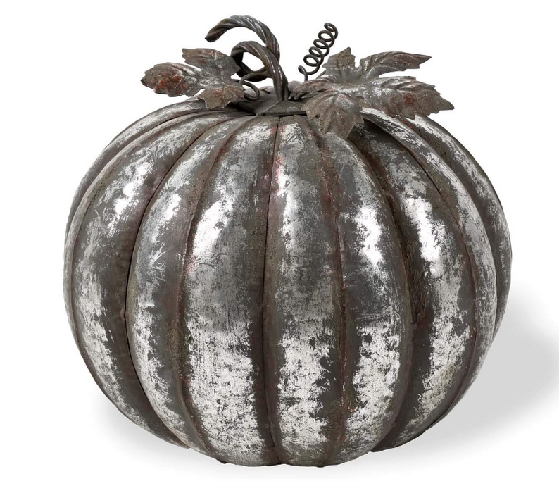 Silver Tin Pumpkin W/Leaf Top