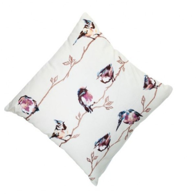 EMBROIDERED PERCHED BIRDS PILLOW