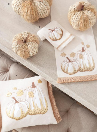 Cream Square Pillow with Tan Fringe and Embroidered Pumpkin