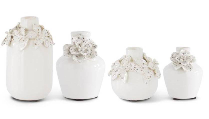 White Ceramic Vases W/ Raised Flowers - 4 Styles