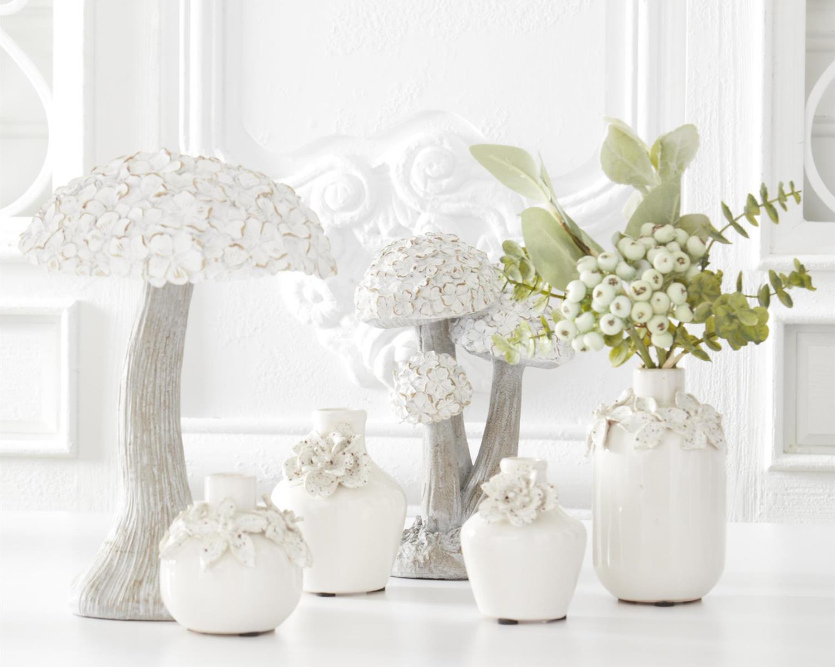 White Ceramic Vases W/ Raised Flowers - 4 Styles
