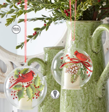 Clear Glass Cardinal & Pinecone LED Ornament
