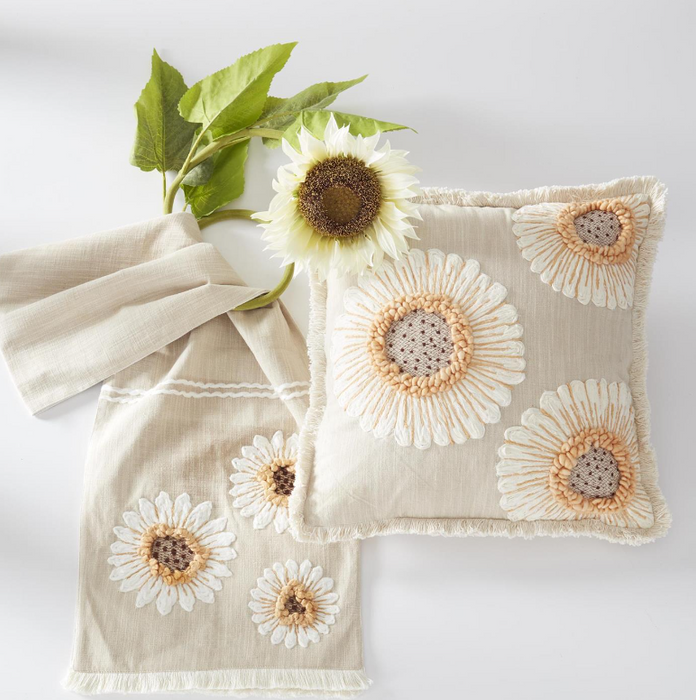 Tan Linen Table Runner with Embroidered Sunflowers - 72"