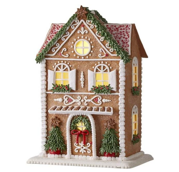 Gingerbread Lighted Christmas House with Trees