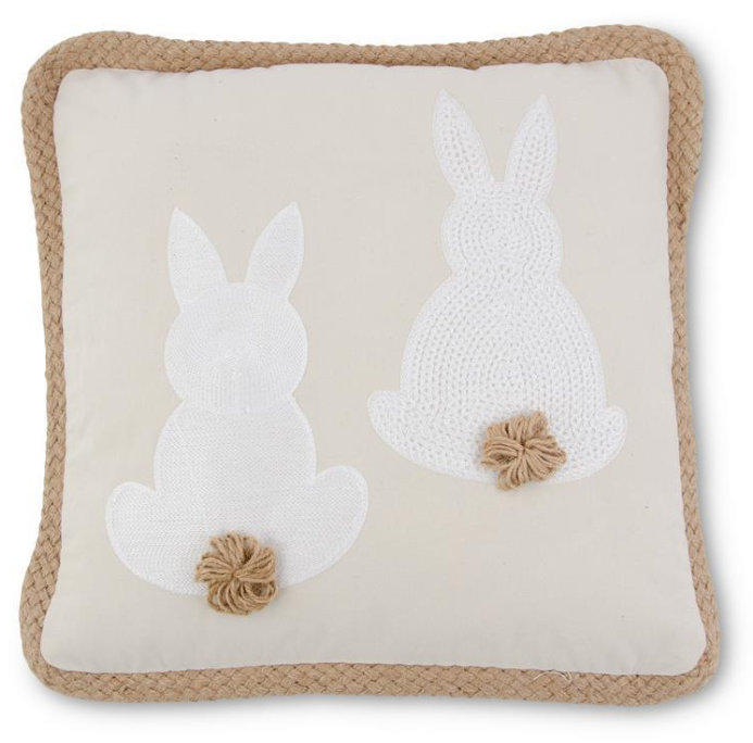 SQUARE TAN PILLOW W/WHITE EMBROIDERED EASTER BUNNY