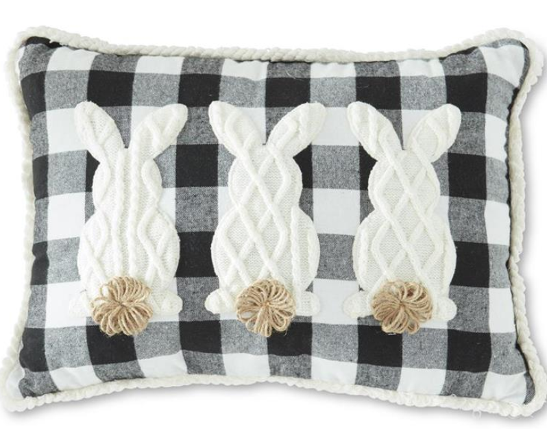 BLACK & WHITE CHECK 3 BUNNIES W/POM POM TAILS PILLOW