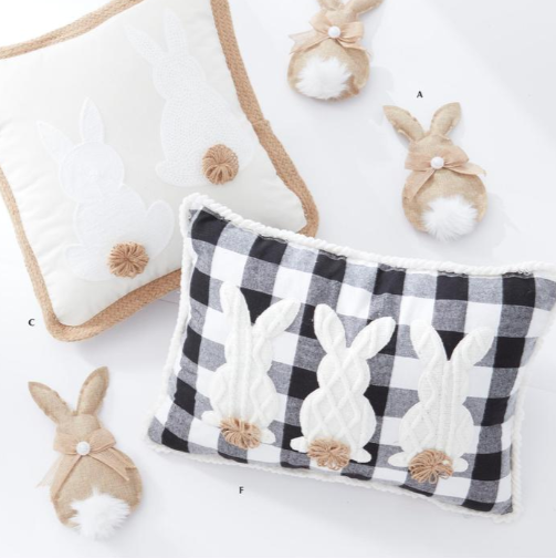 BLACK & WHITE CHECK 3 BUNNIES W/POM POM TAILS PILLOW