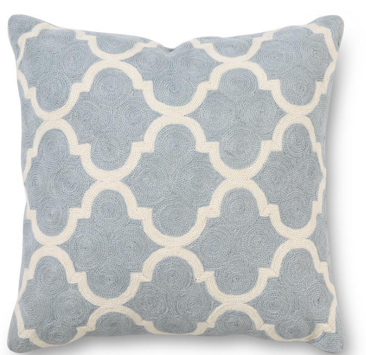 LIGHT BLUE & WHITE QUATREFOIL EMBROIDERED PILLOW SQUARE