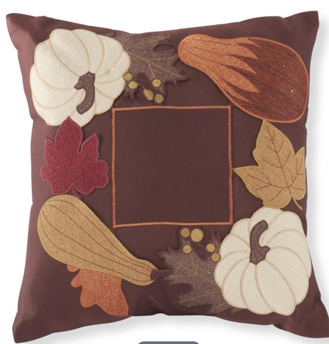 BROWN EMBROIDERED PUMPKINS & FALL LEAVES PILLOW