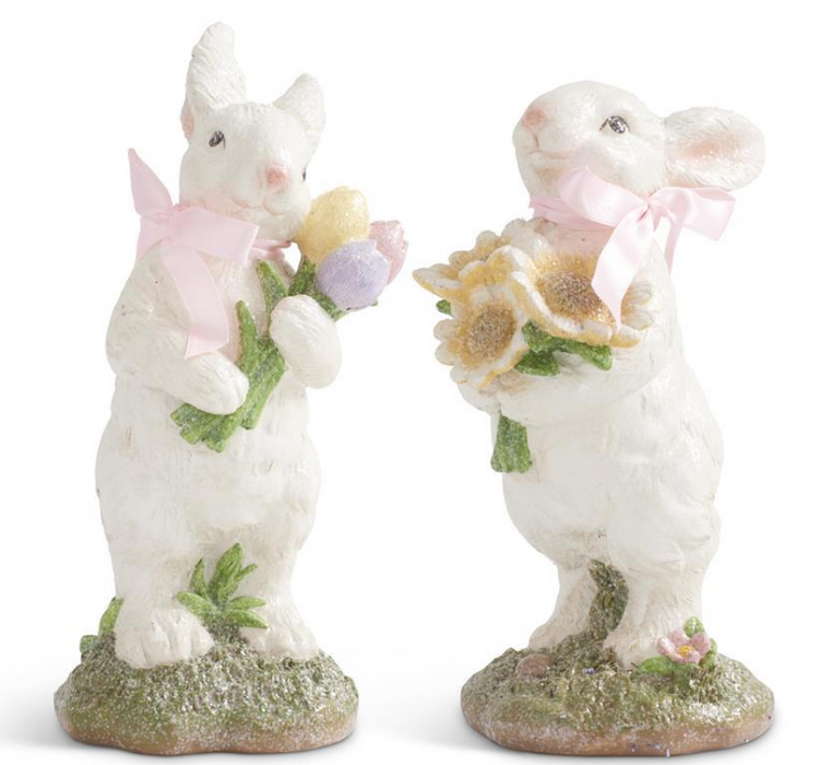 GLITTER BUNNIES W/PINK BOW HOLDING FLOWERS set of 2