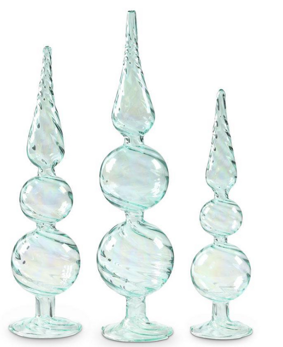 Blue Glass Finials with Ribbon on Swirl - Set of 3