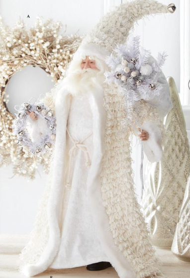 Cream Fringe Coat Santa w/Wreath & Sack