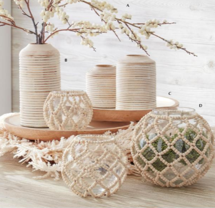 Round Clear Glass Vase with Wood Bead Netting