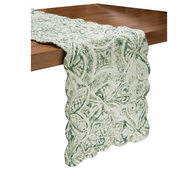 Irina Cotton Quilted Table Runner Green And White Damask