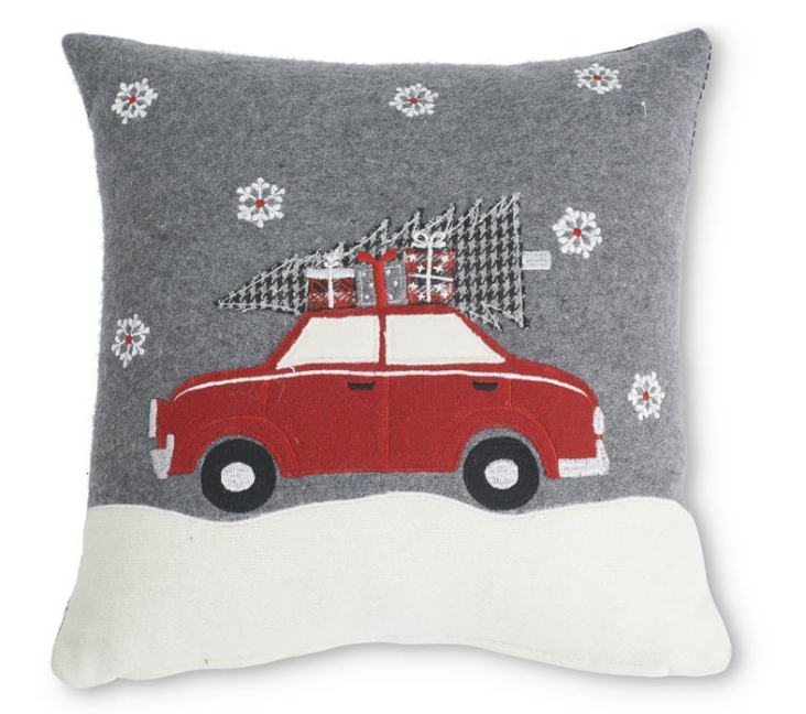 GRAY WOOL PILLOW W/RED CAR