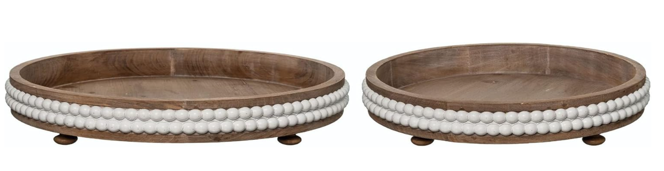 Natural Brown and White Beaded Wood Trays - 2 Sizes