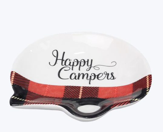 Ceramic Happy Camper Red Buffalo Plaid Soap/Trivet Dish