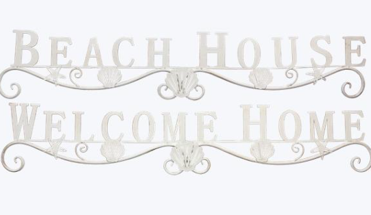 Metal ''Beach House'', ''Welcome'' Wall Sign with Shell Designs - 2 Assortment