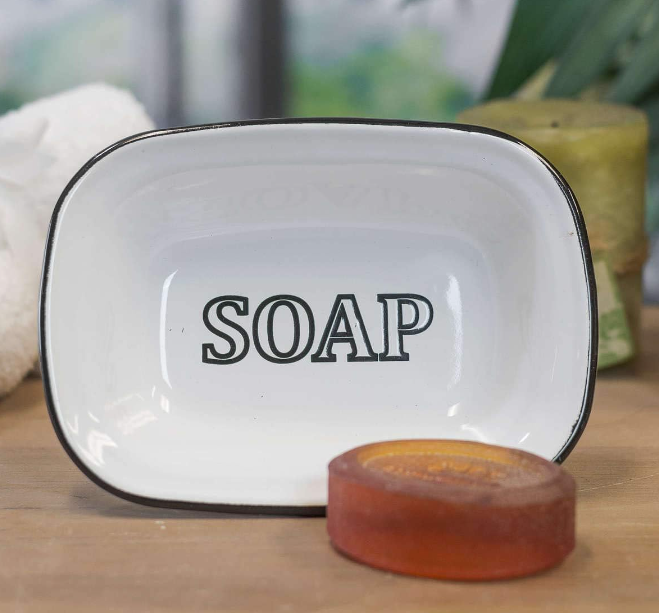 Enamel Soap Dish with Black Lettering