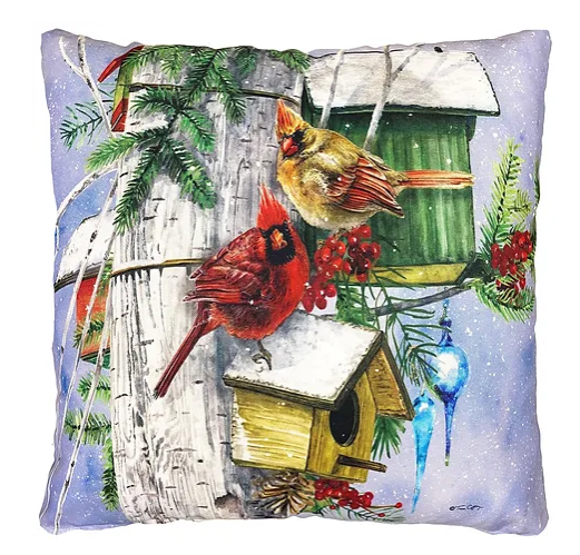 Cardinals & Berries w/Birdhouse Pillow - Square