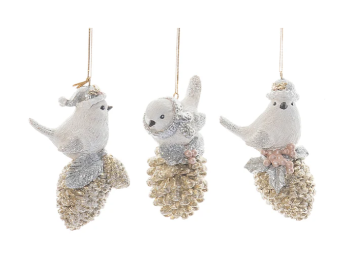 Metallic Bird On Pinecone Orn - 3 Asst