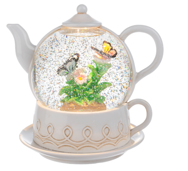 Shimmer Butterflies Teapot Water Globe