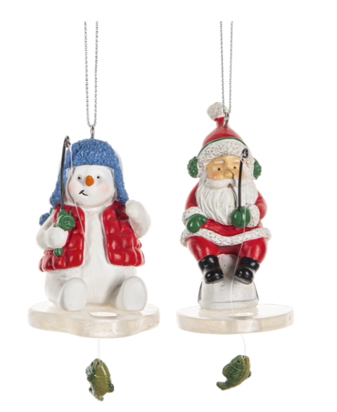 Ice Fishing Santa & Snowman Ornaments -2 Options