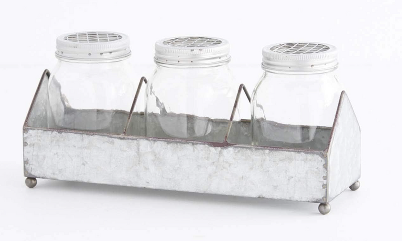 Metal Tin Holder W/ 3 Lidded Jars, Zinc/Glass