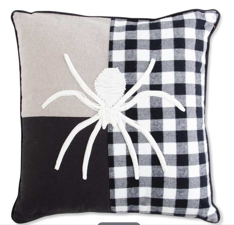 Black Halloween Pillow w/White Embroidered Spider & Plaid