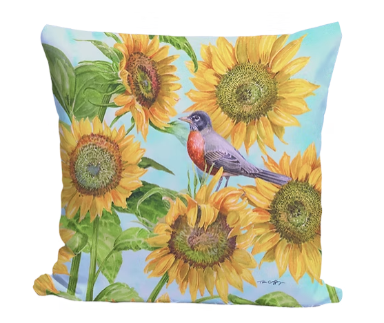 Sunflowers and Robin Pillow