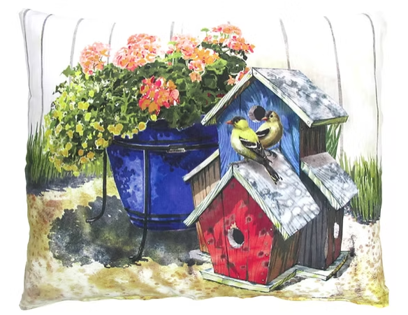 Birdhouses & Flowers Pillow - Rectangle