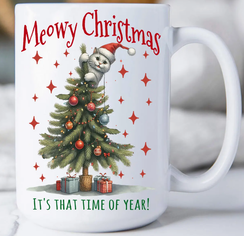 Meowy Christmas Cat Attaching Tree Coffee Mug