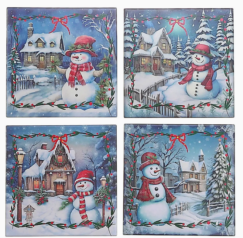 Set of four Christmas-themed tiles with snowmen and winter scenes.