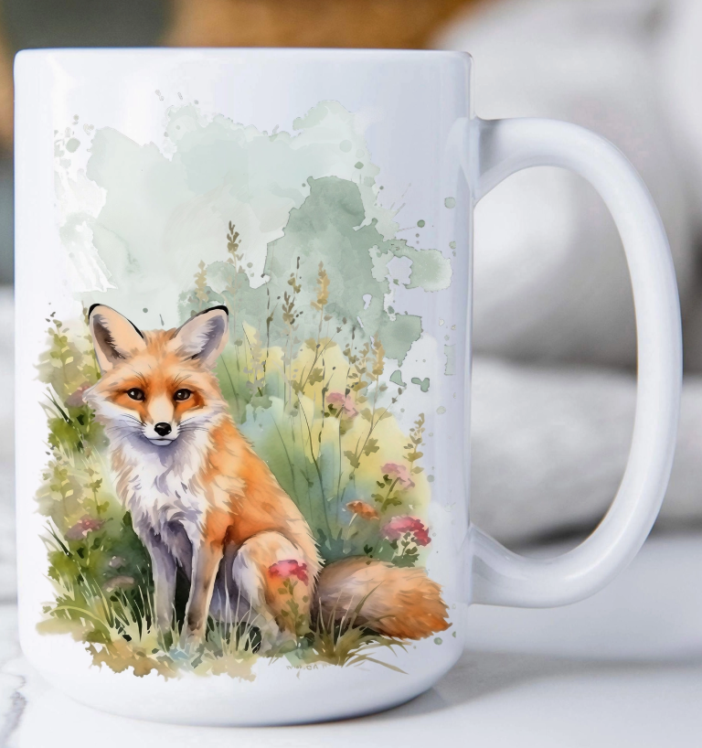 Fox Animal in Grass Flowers Coffee Mug