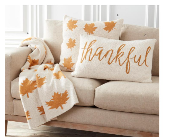 Cream Cotton Knit Pillow with Yellow Leaves