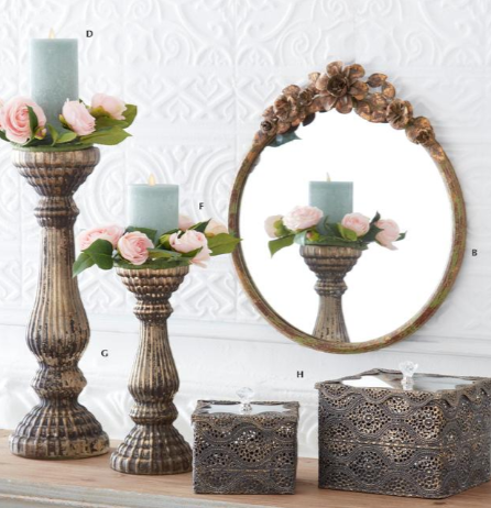 Rustic Metal Flower Topped Green Brown & Gold Round Mirror