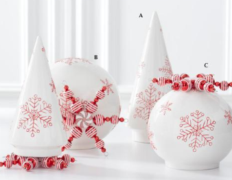 White Ceramic Globes w/Red Snowflakes