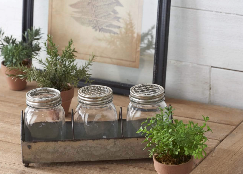 Metal Tin Holder W/ 3 Lidded Jars, Zinc/Glass