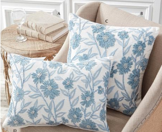 White Linen & Blue Embroidered Floral Pillow