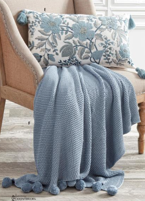 Lumbar White Linen & Blue Embroidered Floral Pillow with Tassels