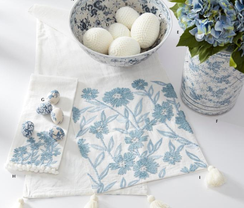 White Linen & Blue Embroidered Floral Table Runner - 72"