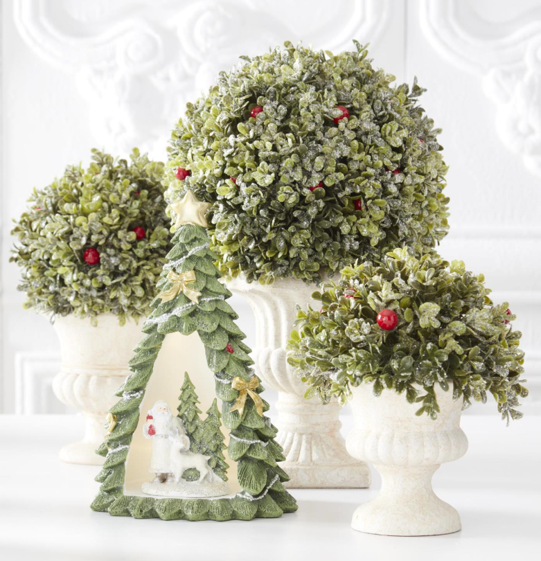 Glittered Mistletoe Topiaries with Red Berries in Pedestal Urn