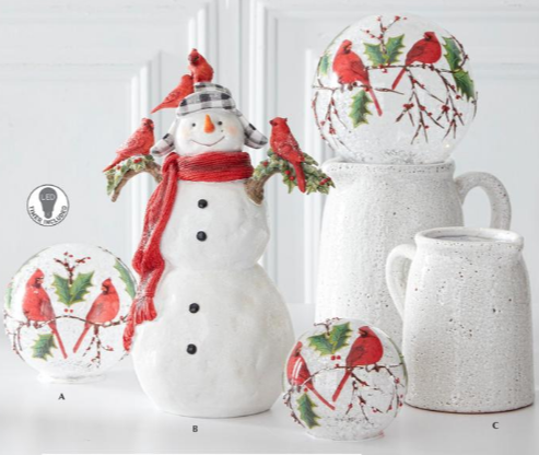 LED Cardinals and Holly Tabletop Glass Orbs