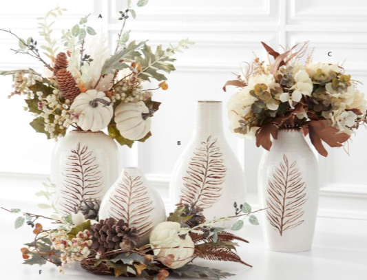 Mixed Fall Foliage Stem with White Pumpkins & Pinecones