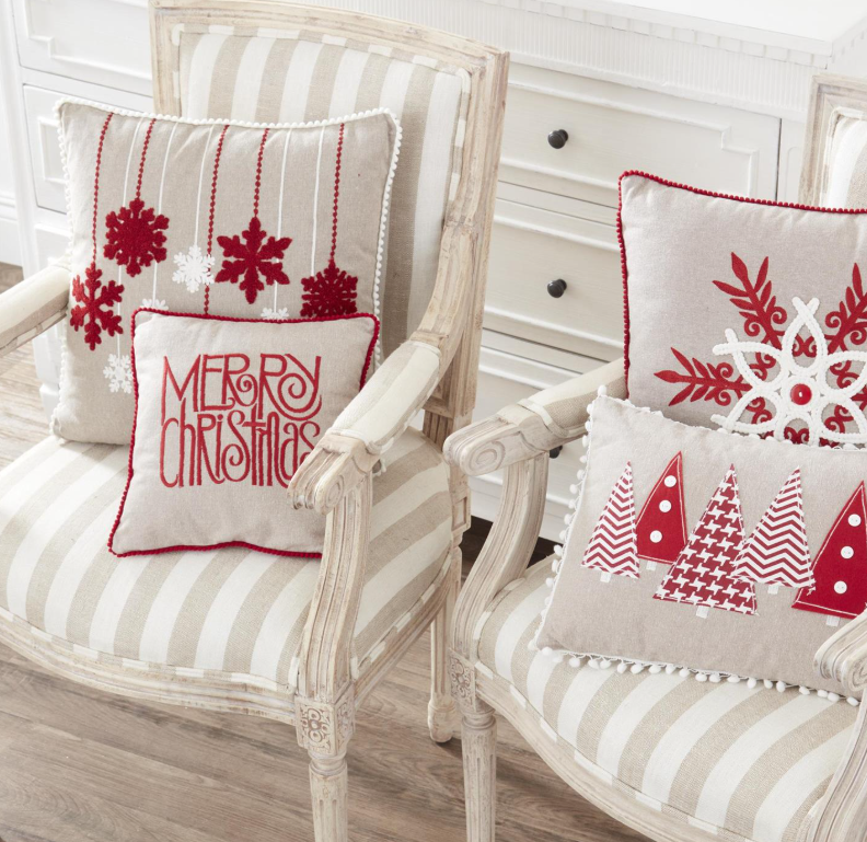 Linen Square Pillow with Red & White Hanging Snowflakes